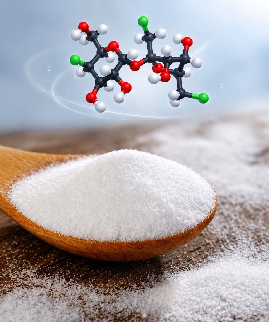 Sucralose dạng bột kết tinh trắng và cấu trúc phân tử